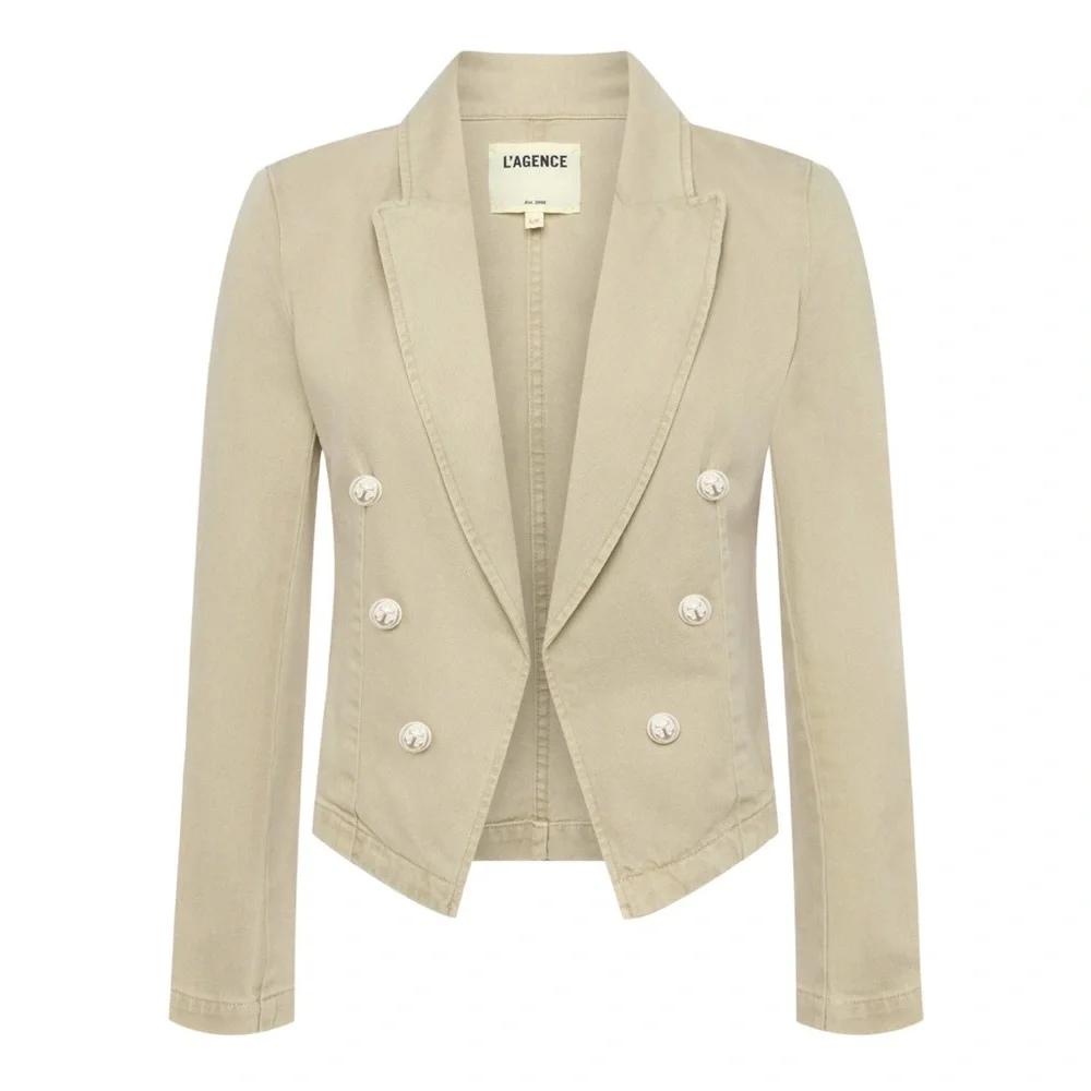L’Agence Wayne Crop Double Breasted Denim Jacket Sand Dune Tan XXL